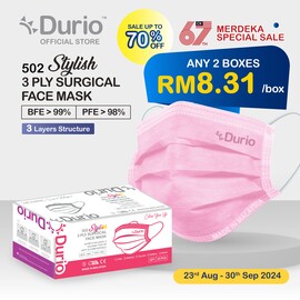 Durio 502 Stylish 3 Ply Surgical Face Mask - Pink -(50pcs)